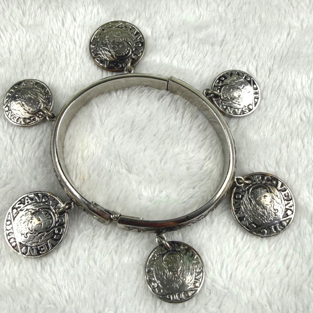 Whiting & Davis Vtg Silver Tone Coin Charm Hinged Bangle Bracelet St Mark Lion